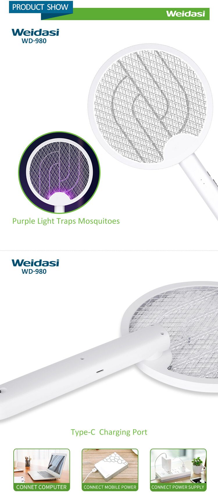 household rechargeable and portable high effective electric mosquito swatter with type c